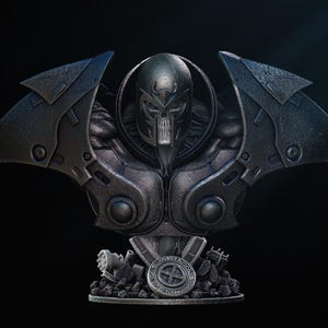 May include: A detailed bust of a character with a skull-like face, wearing a helmet and armor with wing-like structures. The bust is dark gray with metallic accents, set against a black background. The base features a circular emblem and rubble.