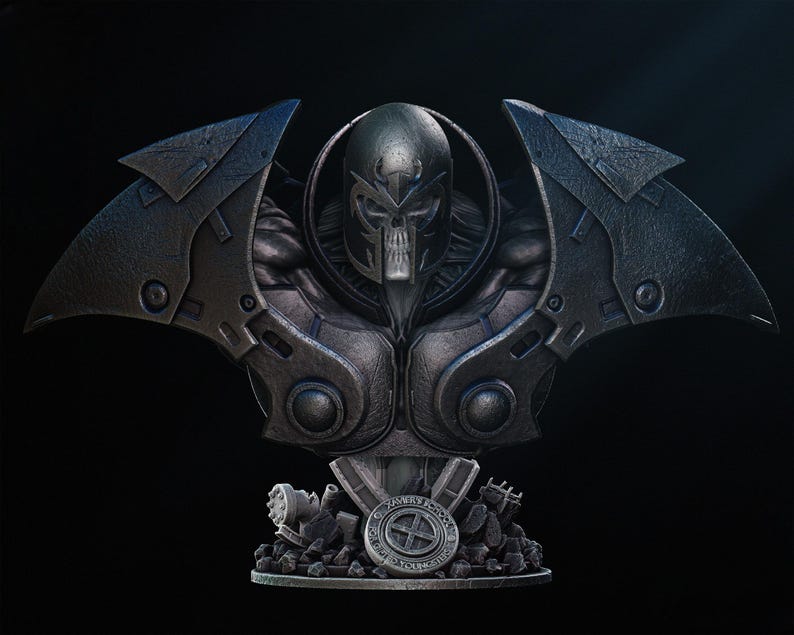 May include: A detailed bust of a character with a skull-like face, wearing a helmet and armor with wing-like structures. The bust is dark gray with metallic accents, set against a black background. The base features a circular emblem and rubble.