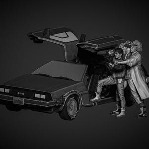 Op de afbeelding: Zwart-wit sculptuur van een DeLorean tijdmachine met vleugeldeuren open. Twee figuren staan bij de auto, een binnen en een buiten. De auto heeft de tekst "DMC" op de voorkant.