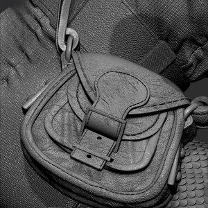 May include: A small, textured leather satchel with a flap closure and buckle. The bag has a shoulder strap and is attached to a textured fabric. The overall design is detailed and appears to be vintage or rustic.