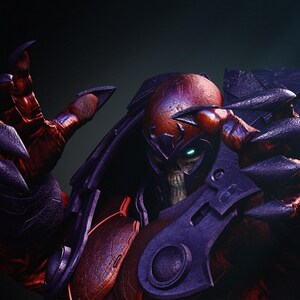 May include: A detailed digital rendering of a menacing figure with a skeletal face and glowing green eyes. The character is clad in dark purple and red armor with sharp, claw-like extensions. The overall aesthetic suggests a fantasy or science fiction theme.