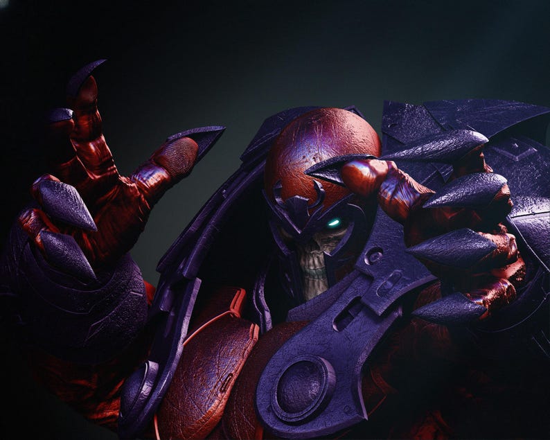 May include: A detailed digital rendering of a menacing figure with a skeletal face and glowing green eyes. The character is clad in dark purple and red armor with sharp, claw-like extensions. The overall aesthetic suggests a fantasy or science fiction theme.