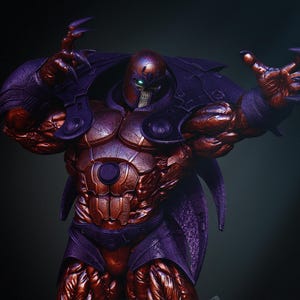 May include: A detailed 3D rendering of a muscular, armored figure. The figure is predominantly red and purple, with a metallic sheen. It has a skull-like face with glowing green eyes and is posed with arms outstretched, claws visible.