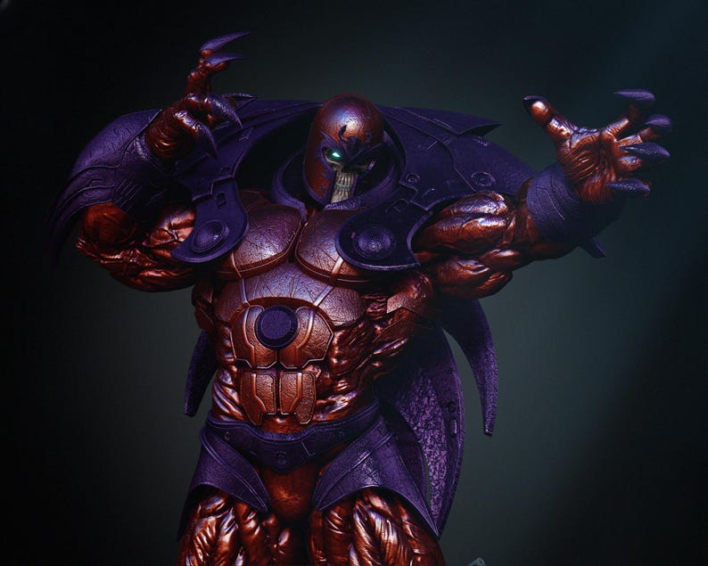 May include: A detailed 3D rendering of a muscular, armored figure. The figure is predominantly red and purple, with a metallic sheen. It has a skull-like face with glowing green eyes and is posed with arms outstretched, claws visible.