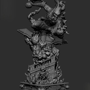 May include: A grayscale statue of the Green Goblin, a comic book villain, in a dynamic pose. He is holding pumpkin bombs and is atop a detailed base with flames and architectural elements. The statue is highly detailed.