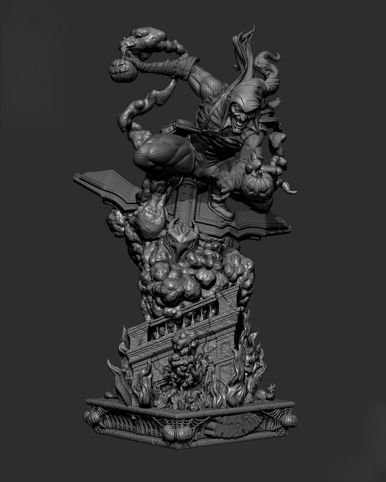 May include: A grayscale statue of the Green Goblin, a comic book villain, in a dynamic pose. He is holding pumpkin bombs and is atop a detailed base with flames and architectural elements. The statue is highly detailed.