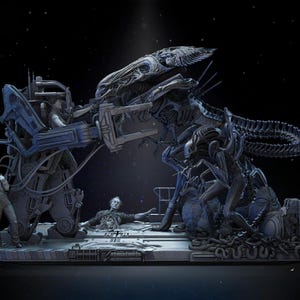 May include: A detailed, grey sculpture depicting a scene from the Alien film franchise. The sculpture features a large Alien Queen, several Xenomorphs, and human figures in distress, set against a dark, starry background.