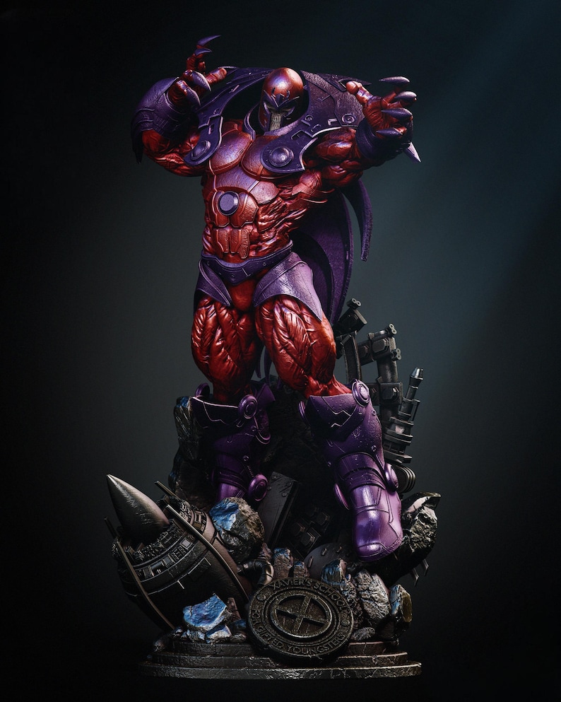 May include: A detailed statue of a muscular figure in a dynamic pose. The figure is predominantly red and purple, with a helmet and armor. The statue is set on a detailed base with debris and a circular emblem. The overall theme is superhero or comic book character.