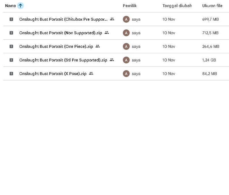 May include: A screenshot of a file directory, displaying file names, owners, modification dates, and file sizes. The files are related to "Onslaught Bust Portrait" models, with variations like "Chitubox," "Non Supported," and "One Piece."