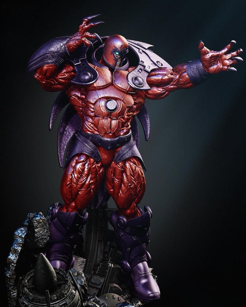May include: A detailed statue of a muscular figure in a red and purple armored suit. The figure has a helmet with a red face and a purple mask. The statue is posed with one arm raised, showcasing intricate details and textures.