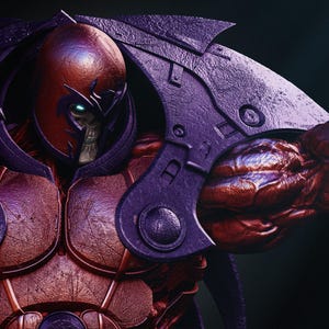 May include: A detailed digital rendering of a character in a purple and red armored suit. The character has a red helmet with a skull-like face and glowing green eyes. The armor has a metallic appearance with intricate details.