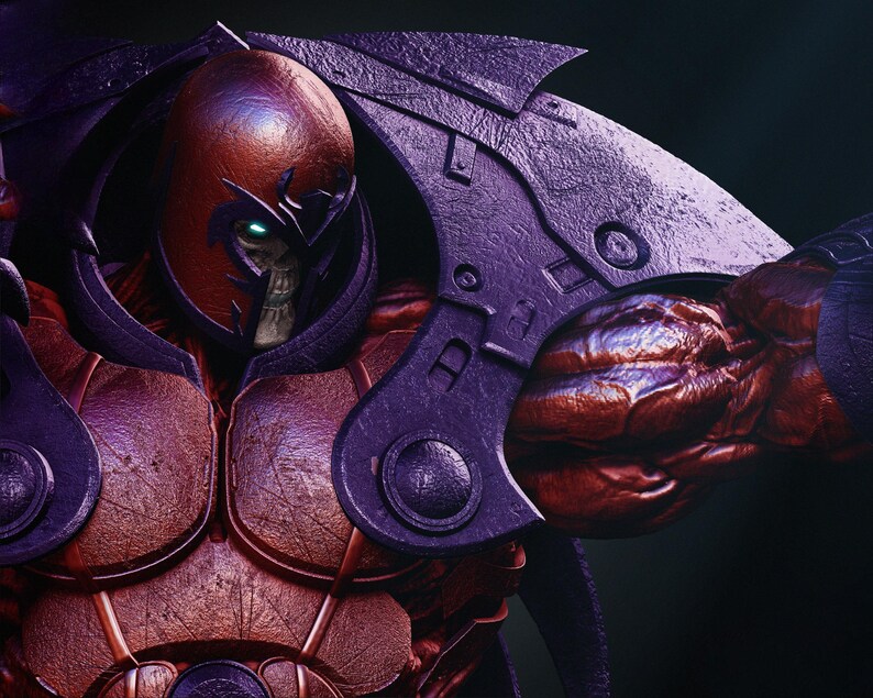 May include: A detailed digital rendering of a character in a purple and red armored suit. The character has a red helmet with a skull-like face and glowing green eyes. The armor has a metallic appearance with intricate details.