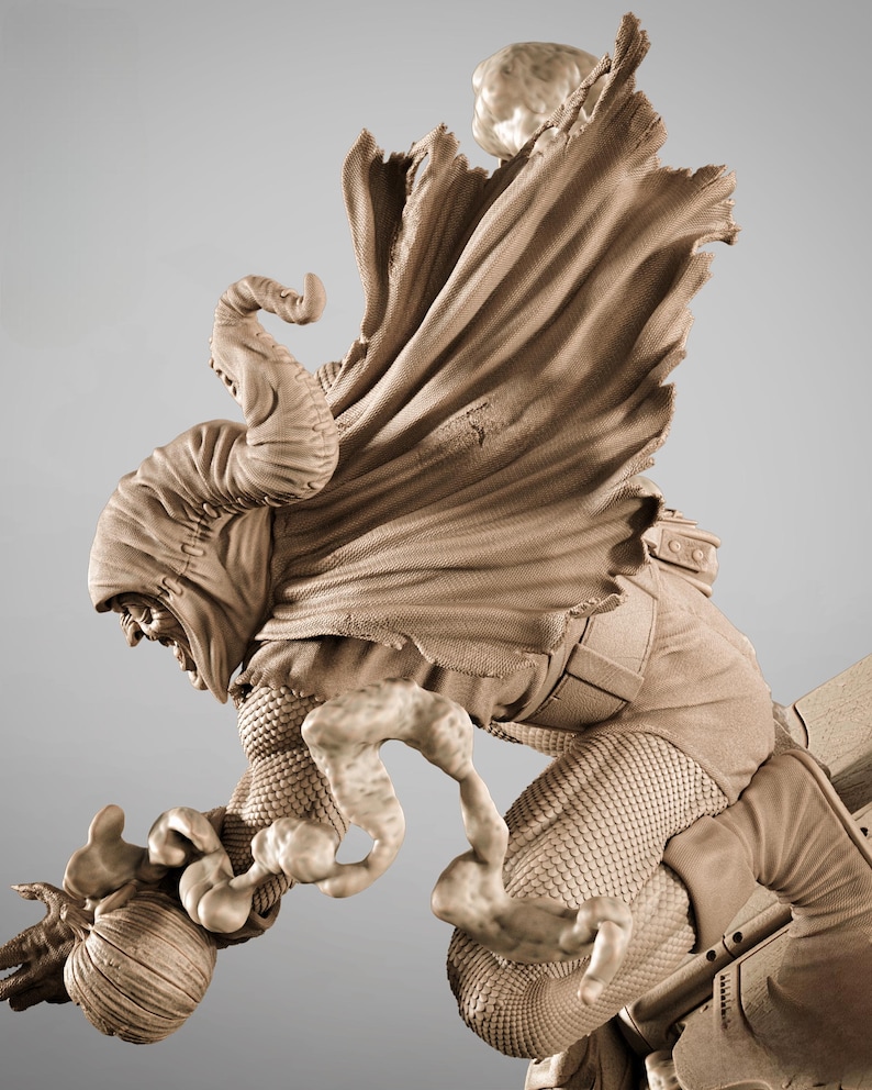 May include: A detailed sculpture of a character in a dynamic pose, featuring a hooded cloak and textured armor. The figure is rendered in shades of brown, with intricate details on the costume and a menacing expression.