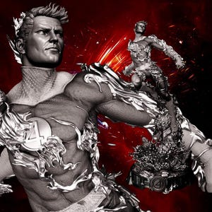 Puede incluir: Estatua en escala de grises de una figura de superhéroe con un diseño detallado. La figura está adornada con detalles metálicos en forma de llama y un emblema circular. Una figura más pequeña está colocada en el brazo de la más grande, sobre un fondo rojo y negro.