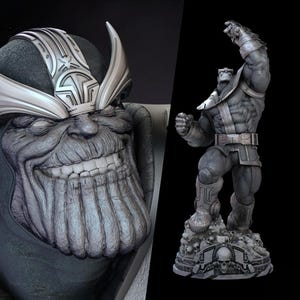 May include: A detailed gray statue of Thanos, a fictional supervillain. The statue features a smiling face with a silver helmet and armor. The full-body statue is posed with a raised fist, standing on a base with skulls.