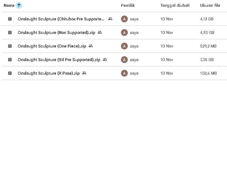 May include: A screenshot of a file directory, displaying file names, owners, modification dates, and file sizes. The files are related to "Onslaught Sculpture" and include variations like "Chitubox Pre Supported," "Non Supported," and "X Pose."