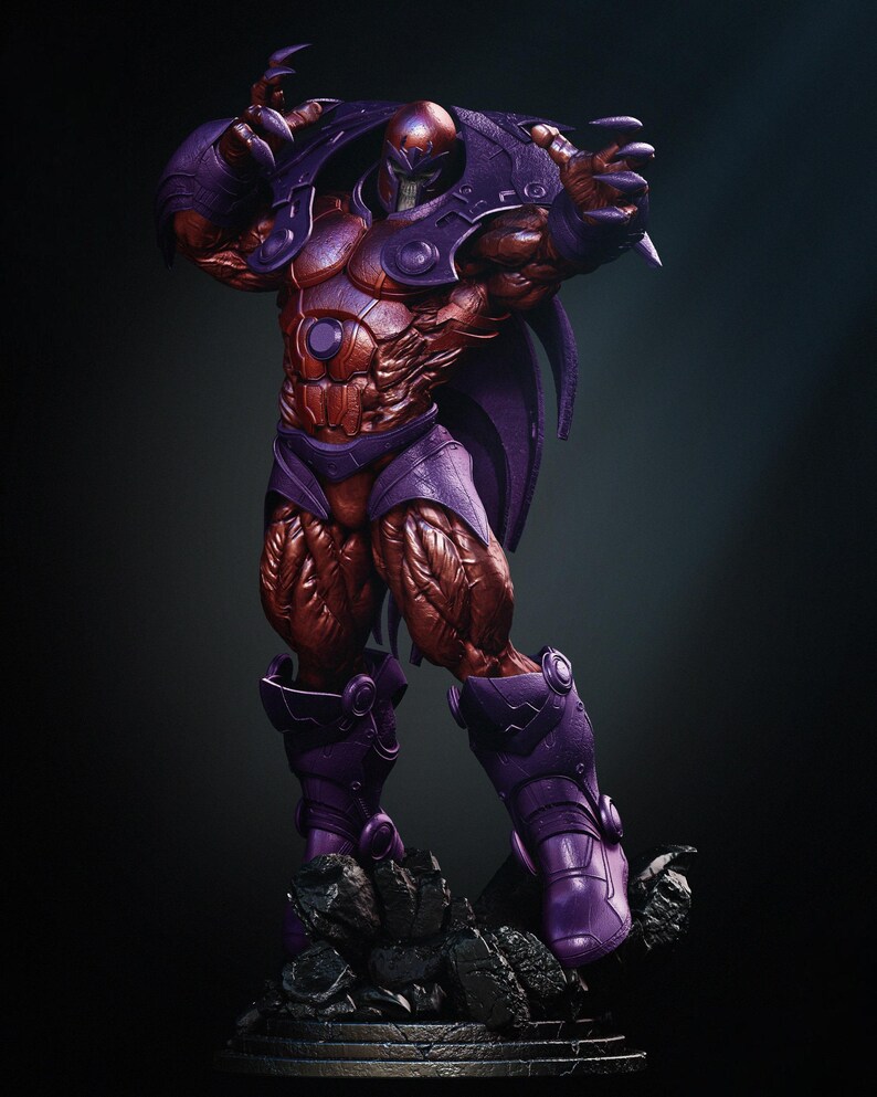 May include: A detailed statue of a muscular figure in a purple and red armored suit, posed with arms raised. The figure stands on a rocky base, with a dark background. The statue has a helmet and cape.
