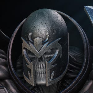 May include: Close-up of a detailed, dark gray helmet with a skull-like face design. The helmet has intricate metalwork and a textured surface, suggesting a fantasy or sci-fi theme. The design includes sharp angles and a menacing aesthetic.