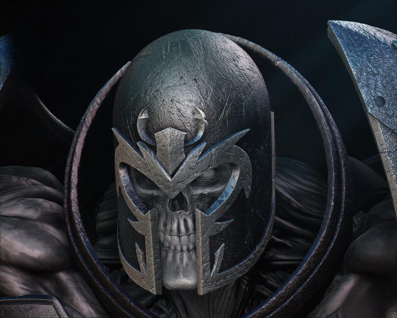 May include: Close-up of a detailed, dark gray helmet with a skull-like face design. The helmet has intricate metalwork and a textured surface, suggesting a fantasy or sci-fi theme. The design includes sharp angles and a menacing aesthetic.