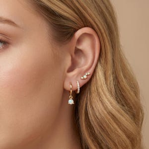 Può includere: Primo piano di un orecchio adornato da diversi orecchini d'oro. Gli orecchini includono un piccolo cerchio con un'opale pendente, un piccolo cerchio con pietre trasparenti e un gruppo di tre piccoli orecchini con opali e pietre trasparenti.