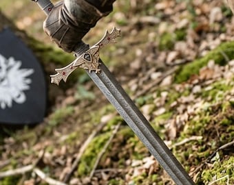 Kung Arthur Excalibur-svärd, handgjord damaskusstålreplika av Merlin, medeltida vikingaklinga