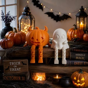 May include: An orange pumpkin figure with horns and a white ghost figure, both featuring articulated dangling legs. The scene includes pumpkins, lanterns, a black cauldron, and wooden blocks with the text Trick or Treat and October 31.