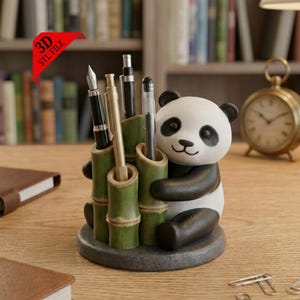 Op de afbeelding: Een pennenhouder in de vorm van een panda met bamboe-achtige pennensleuven. De panda is zwart en wit en omarmt de groene bamboe. Er zitten verschillende pennen in de houder. Een rode banner in de hoek leest "3D STL FILE".