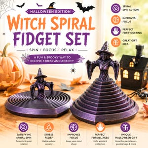 Può includere: Un set Witch Spiral Fidget composto da due figure di strega con finitura metallica viola su basi a spirale concentriche e a gradini. Il set include il testo Witch Spiral Fidget Set, Halloween Edition, Spin, Focus, Relax e A Fun & Spooky Way To Relieve Stress And Anxiety.