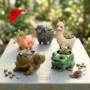 May include: A collection of ceramic animal planters, including a pig, sheep, llama, turtle, and frog, each holding a succulent plant. The planters are in various colors, with the text "AURA TERRA" visible on the surface.