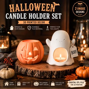 May include: A Halloween candle holder set featuring two 3D printed designs: an orange pumpkin with a carved face and a white ghost with a smiling expression. The ghost holds a small tag with the text BOO printed on it. Both items hold tea lights.