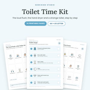 May include: A printable Toilet Time Kit by Sensikids Studio featuring 14 pages in A4 and US Letter sizes. The documents include step-by-step guides with icons and text for toilet training, such as Trousers and pants down, Sit on the toilet, and Wait a little.