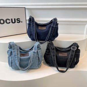 Borsa a tracolla in denim ricamato, borsa per laptop, borsa da lavoro per pendolari