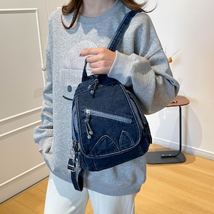 Washed Denim Mini Backpack, Multi-Pocket Sling Shoulder Bag