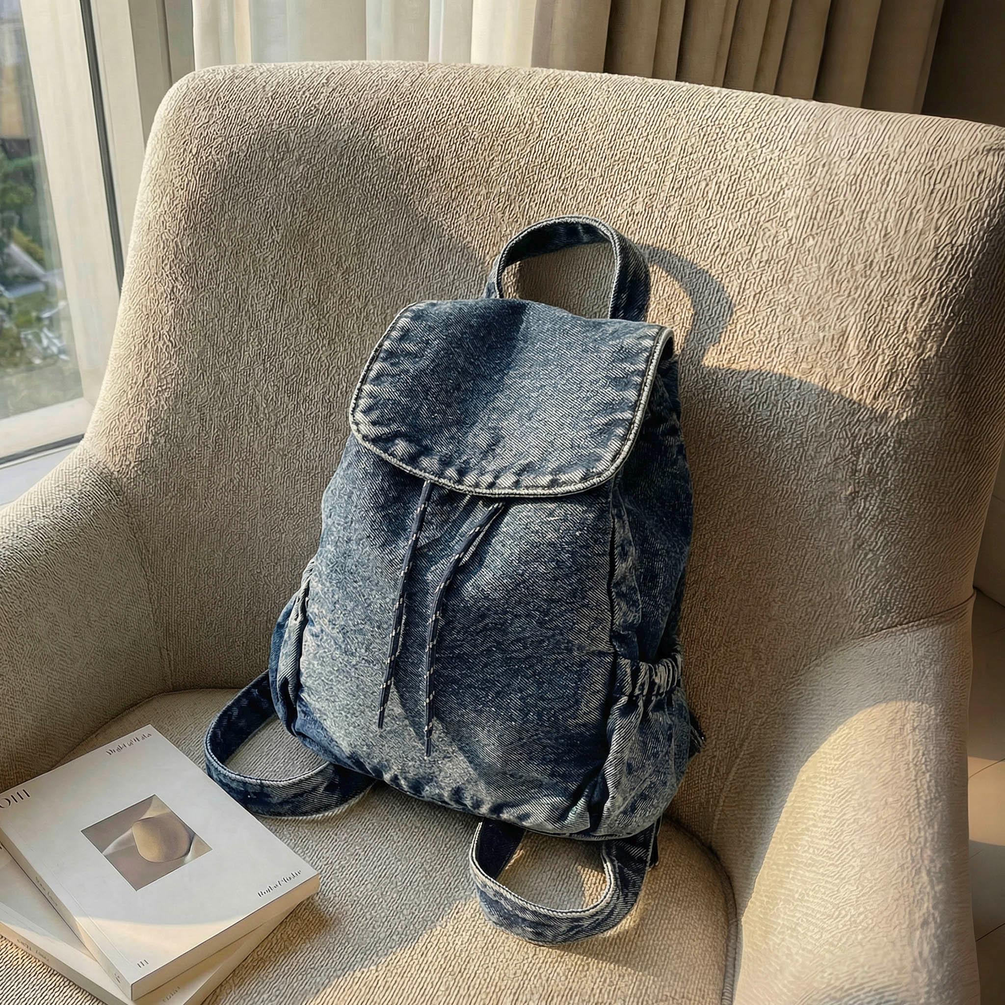 Denim Blue Drawstring Backpack Purse- Handmade in Santa Cruz Upcycled Denim Backpack: Small Leather Accent Bag - Etsy main image 3