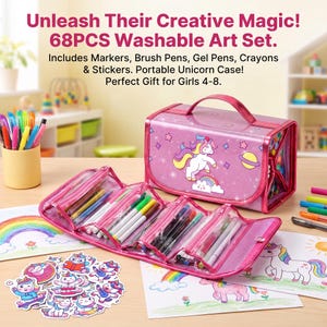 May include: A 68-piece washable art set in a pink unicorn-themed carrying case. The set includes markers, brush pens, gel pens, crayons, and stickers. Text on the image reads: Unleash Their Creative Magic! 68PCS Washable Art Set.