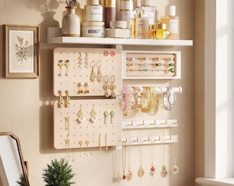 5-in-1 Wall Jewelry Organizer: Wood & Metal, Velvet Ring Slots, Shelf Storage