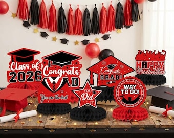 Class of 2026 Graduation Centerpieces Red Black Honeycomb Table Decorations Party Decor.