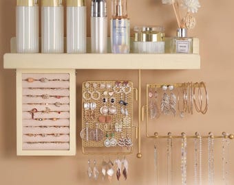 Wall-Mounted Jewelry Organizer: Rustic Wood Shelf, Rotating Necklace Earring Storage (Gold)