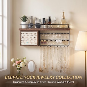 May include: A wall-mounted jewelry organizer featuring a dark wood shelf with a black metal railing, a ring storage box with a cream-colored interior, and a black metal grid for hanging earrings and necklaces. The text reads: ELEVATE YOUR JEWELRY COLLECTION.