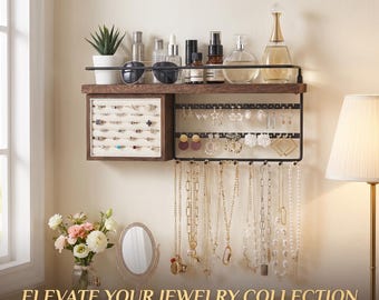 Wall Mounted Jewelry Organizer Rustic Wood Necklace Earring Ring Bracelet Holder Display Shelf Storage.