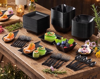 200-Piece Black Mini Appetizer Plates & Utensils Set: Elegant Party Serving