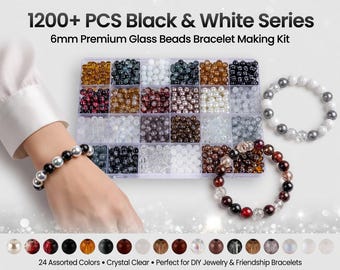 1200PCS 6mm Glass Beads Kit Black White Bracelet Making DIY Jewelry Crafts