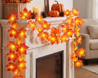 3 Pack Fall Garland: Pumpkin Lights Enlarged Maple Leaves 30Ft 60LED Fall Decorations Home