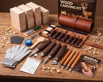 Beginner Wood Carving Whittling Kit with Leather Case, Basswood Blocks, Safety Gloves