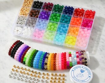 1000PCS 8mm Glass Beads Kit 24 Colors Crystal Bracelet Making Charms Set.