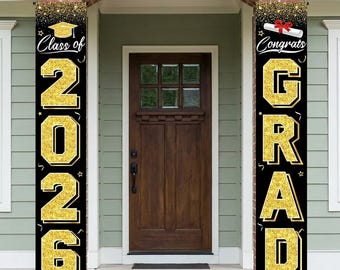 Class of 2026 Graduation Banner Black Gold Congrats Grad Party Door Decoration.