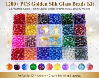 1200PCS 6mm Glass Beads Kit, 24 Colors Golden Silk Bracelet Making DIY Crafts