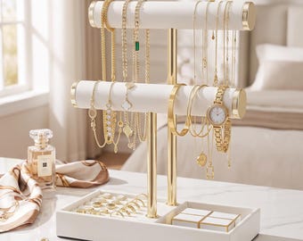 Two Tier Bracelet Holder Leather Jewelry Organizer Necklace Ring Watch Display Stand Tray Storage.