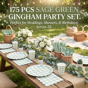 May include: A 175-piece sage green gingham party set including plates, napkins, cups, and cutlery. The set features a white and sage green checkered pattern. Text on the image reads: 175 PCS SAGE GREEN GINGHAM PARTY SET. Perfect for Weddings, Showers, & Birthdays! Serves 25.