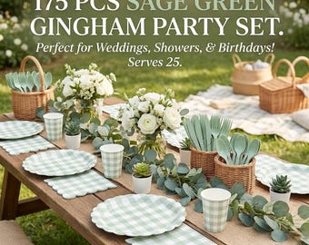 Sage Green Gingham Party Supplies Disposable Tableware Set Wedding Baby Shower Serves 25.